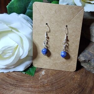 Hand Crafted Blue Lapis Stone Dangle Earrings With Silver Toned Accents